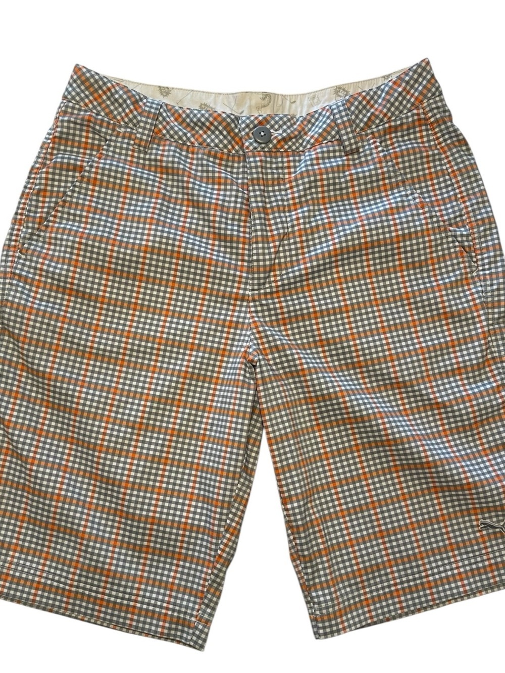 Men's Bermuda Flat Front Performance Golf Shorts Gray Orange White Plaid by Puma